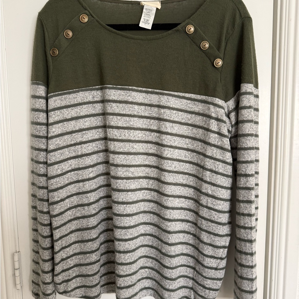 BiBi Olive and Gray Striped Button Sweatshirt